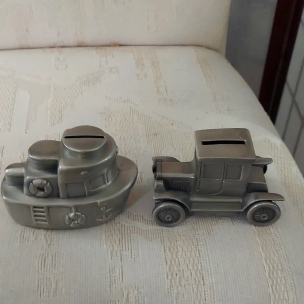 Vintage Ford Model T Coupe Truck & Tug Boat  Silver Plated Coin Piggy Banks